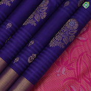 Purple blue gold zari flower bunch design contrast pallu and gold zari border soft silk saree