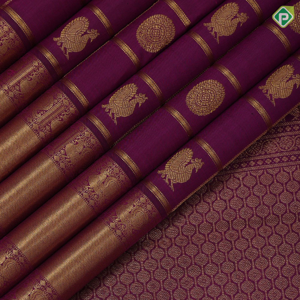 Magenta purple gold zari checks window panel butta design self gold zari peacock butta lines mid gap border traditional silk saree