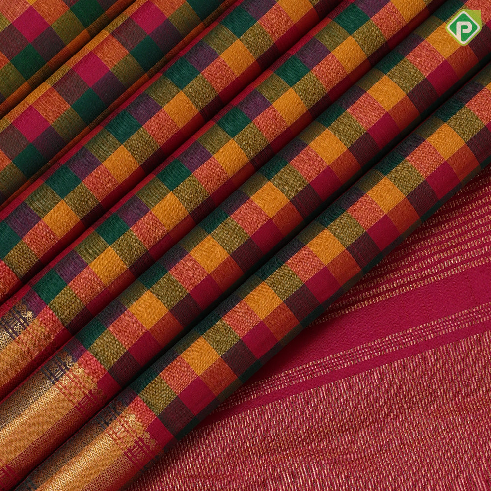 Paalum pazhamum kattam multi color checks design self gold zari micro zig zag border traditional silk saree