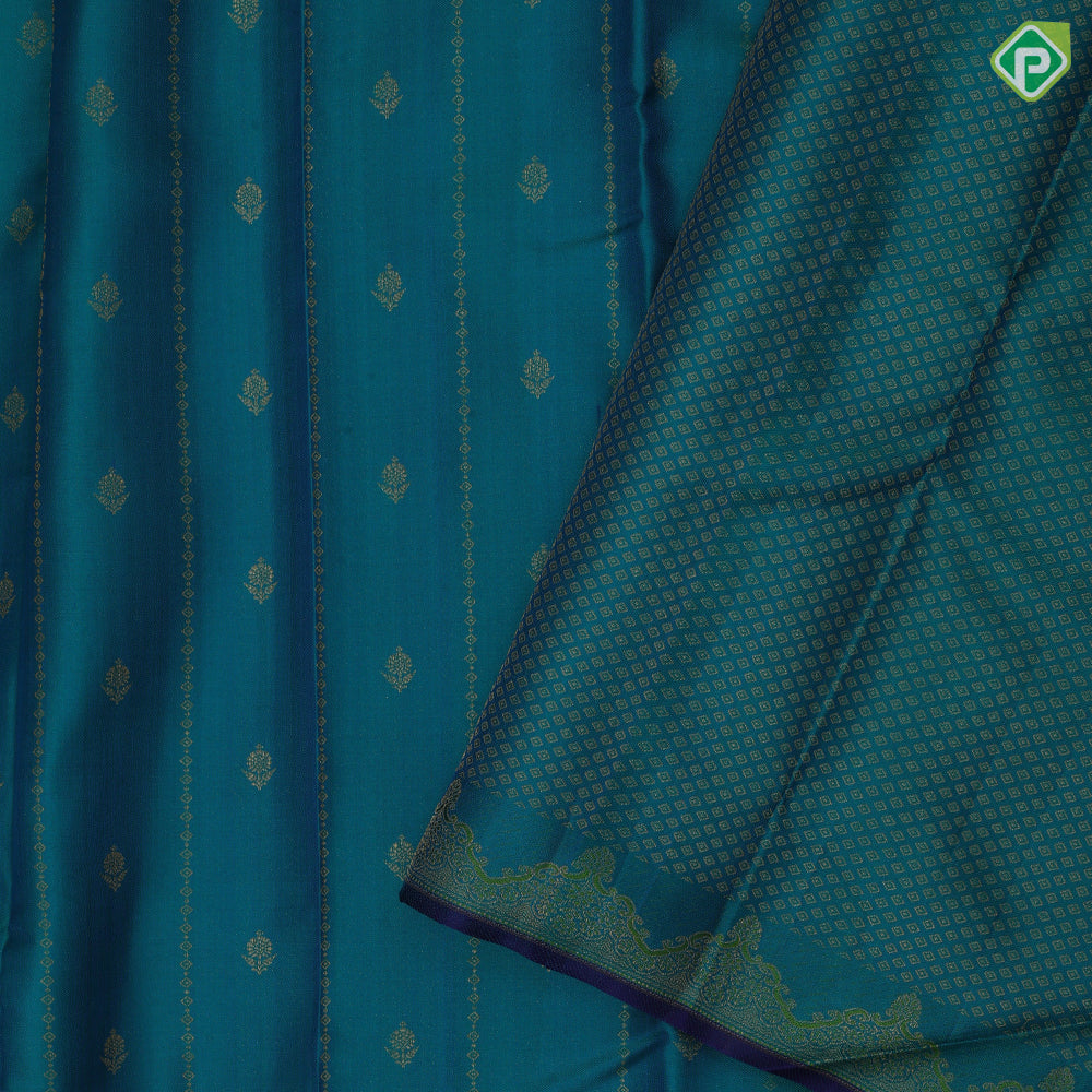 Peacock Blue Gold Zari Small Flower Motif Design Navy Blue Floral Border Edge Design Trendy Fancy Silk Saree