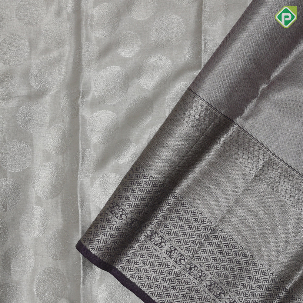 Silver zari by zari round self weaved round design violet silver zari diamond border tissue silk saree
