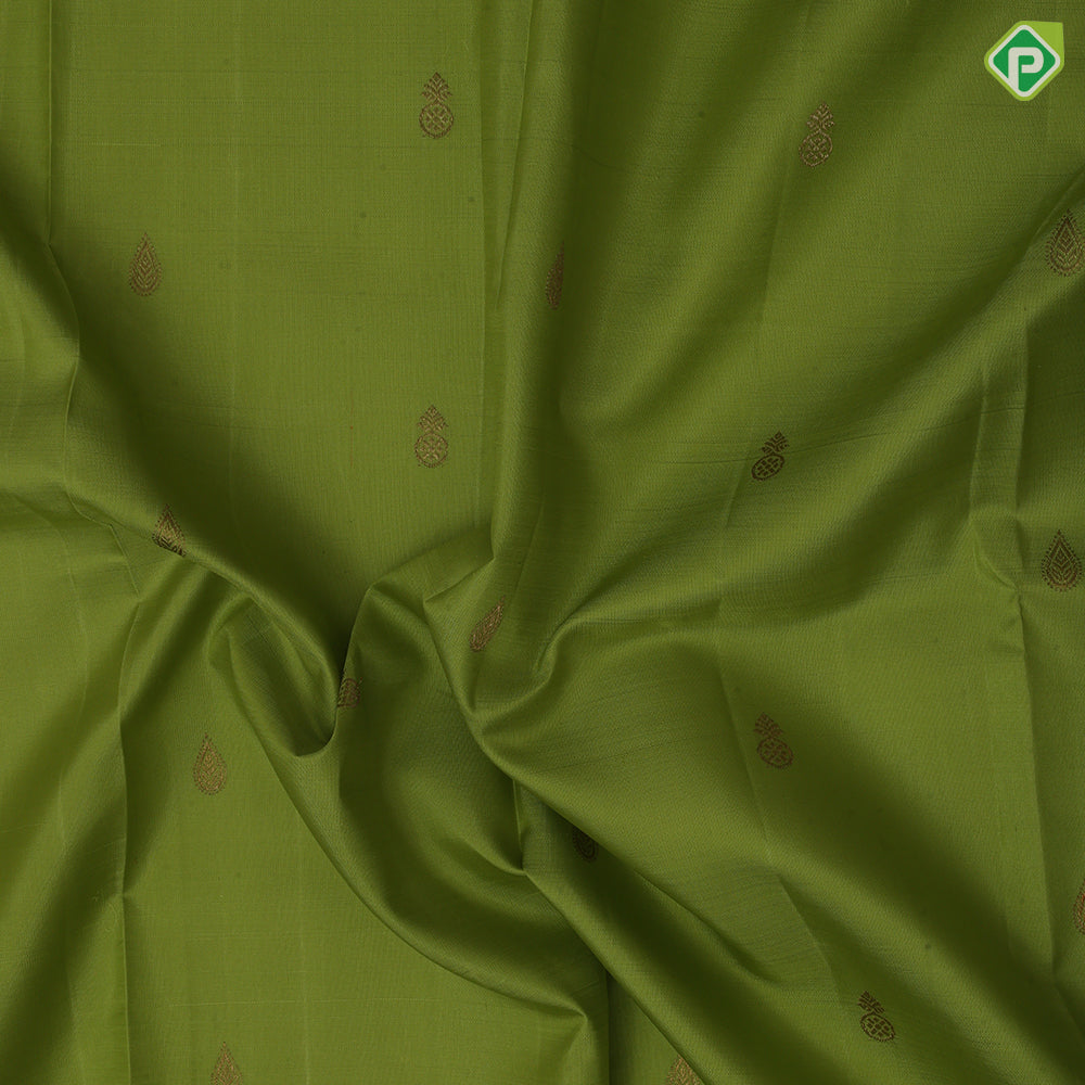 Apple green gold zari designed thilagam butta purple gold zari elephant butta border pattu paavadai lehanka