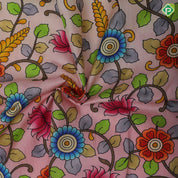 pastel colour base multi color kalamkari digital printed design rani red gold zari rangoli multi lines border pattu paavadai lehanka