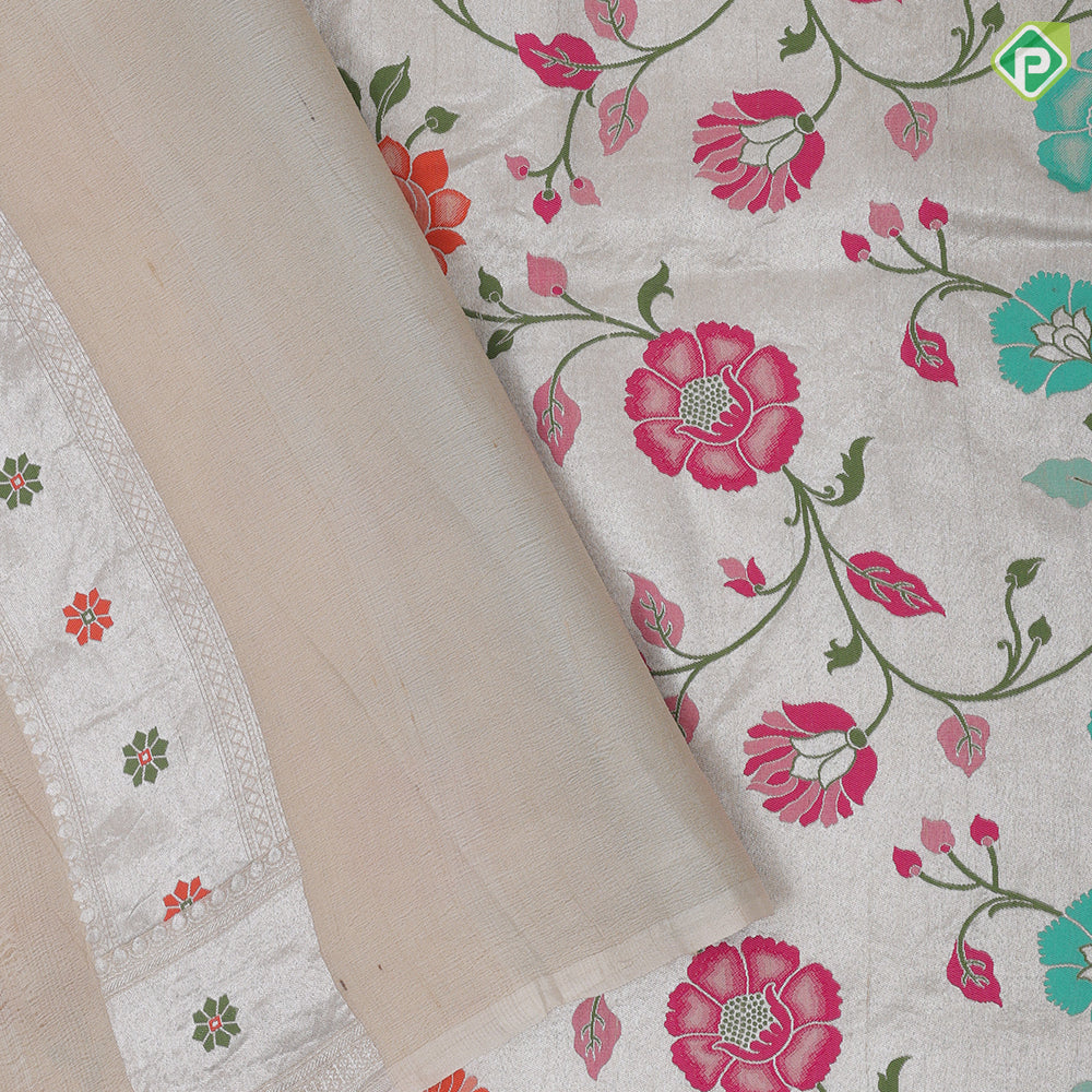 Silver grey multi color meena work banaras design self designed border tusser tissue saree