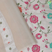 Silver grey multi color meena work banaras design self designed border tusser tissue saree