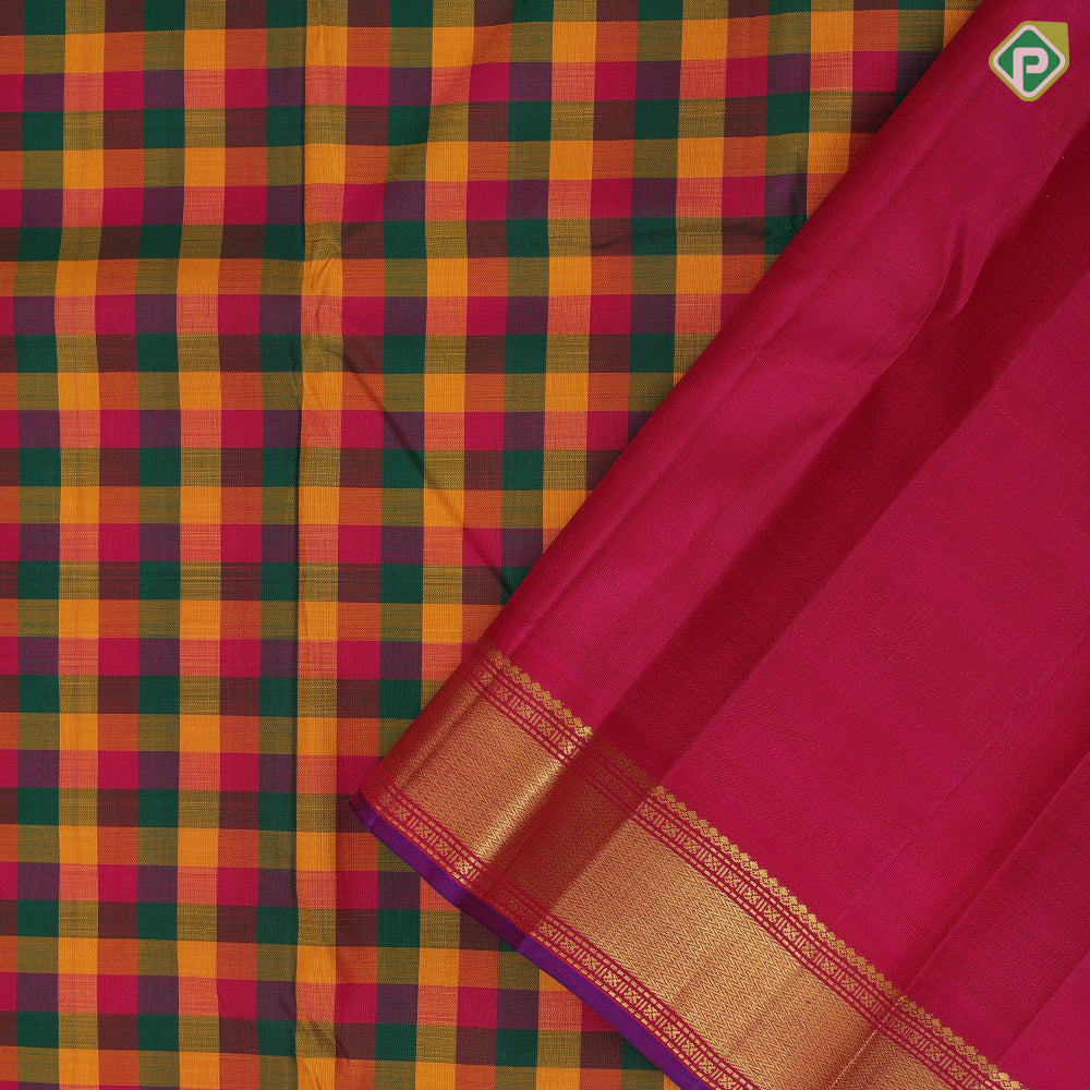 Paalum pazhamum kattam multi color checks design self gold zari micro zig zag border traditional silk saree