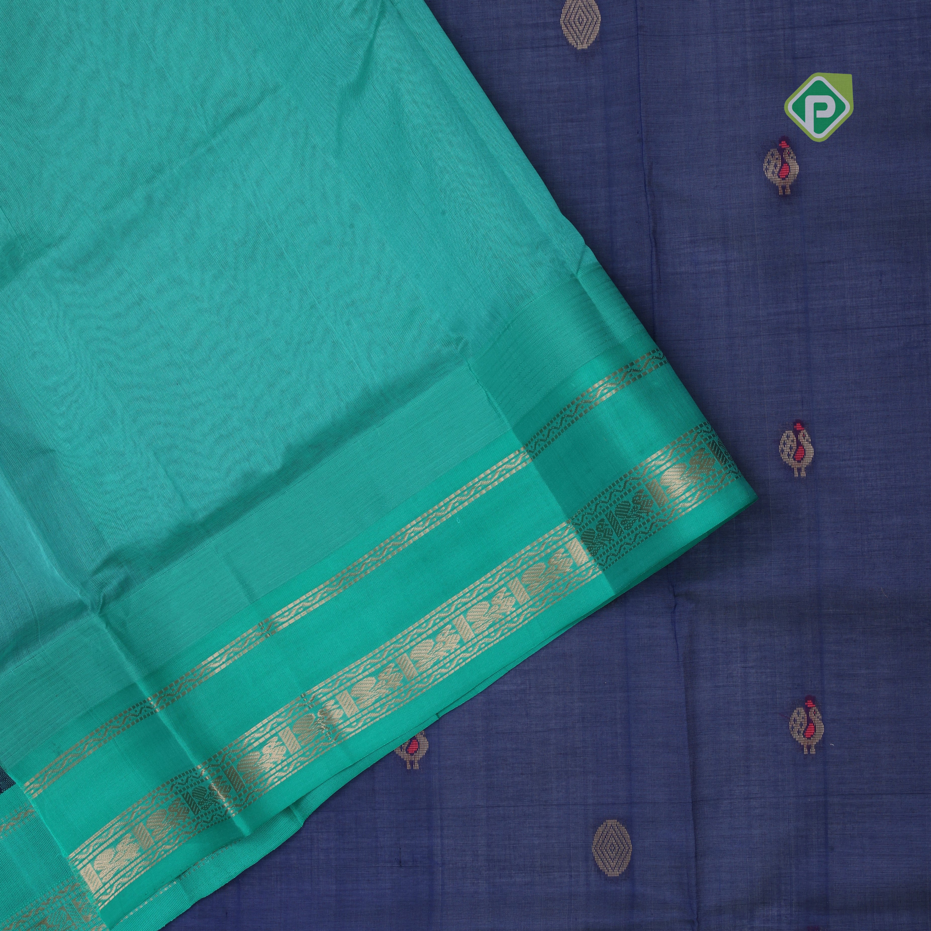 Indigo blue with zari butta meena work rama green gold zari border kuppadam silk cotton saree