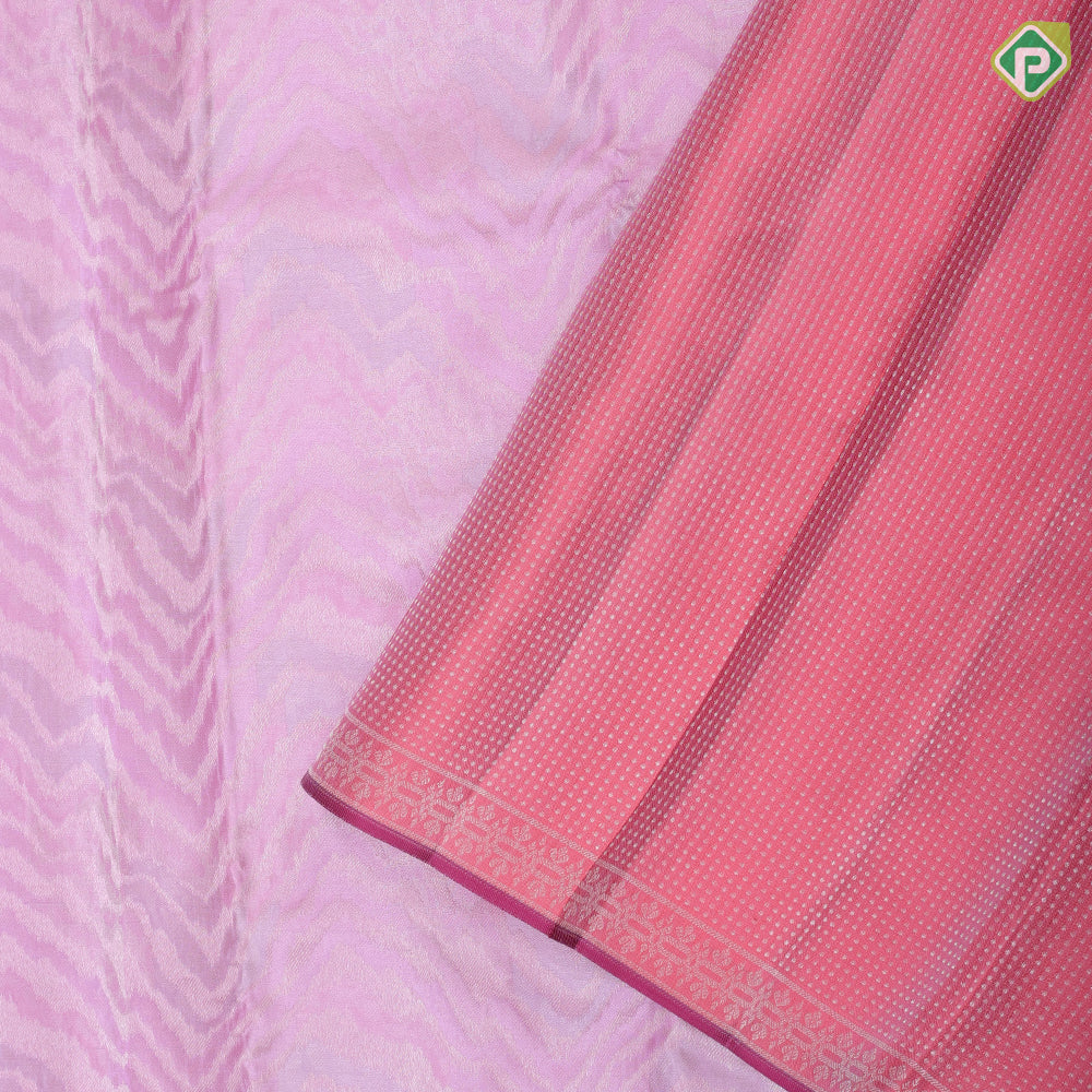 Baby pink silver and gold zari zig zag chevron pattern light pink silver zari edge border trendy designer silk saree