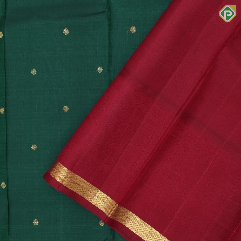 Bottle Green Gold Zari Ruthracham Motif Maroon Colour Edge Mailgan Border Design Traditional Silk Saree