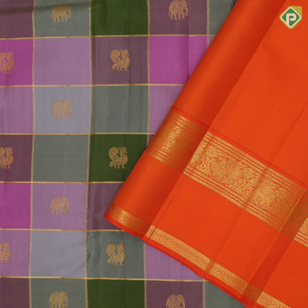 Pastel multi color gold zari checks annam elephant butta motifs fanta orange gold zari rettapett border traditional silk saree