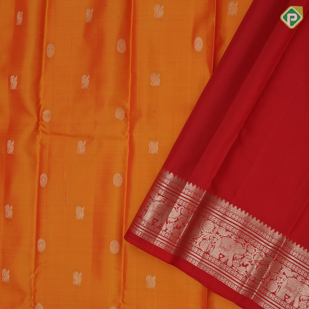 Mango yellow silver gold zari chakkaram annam butta rani red silver gold zari Annam elephant border pure mix silk saree
