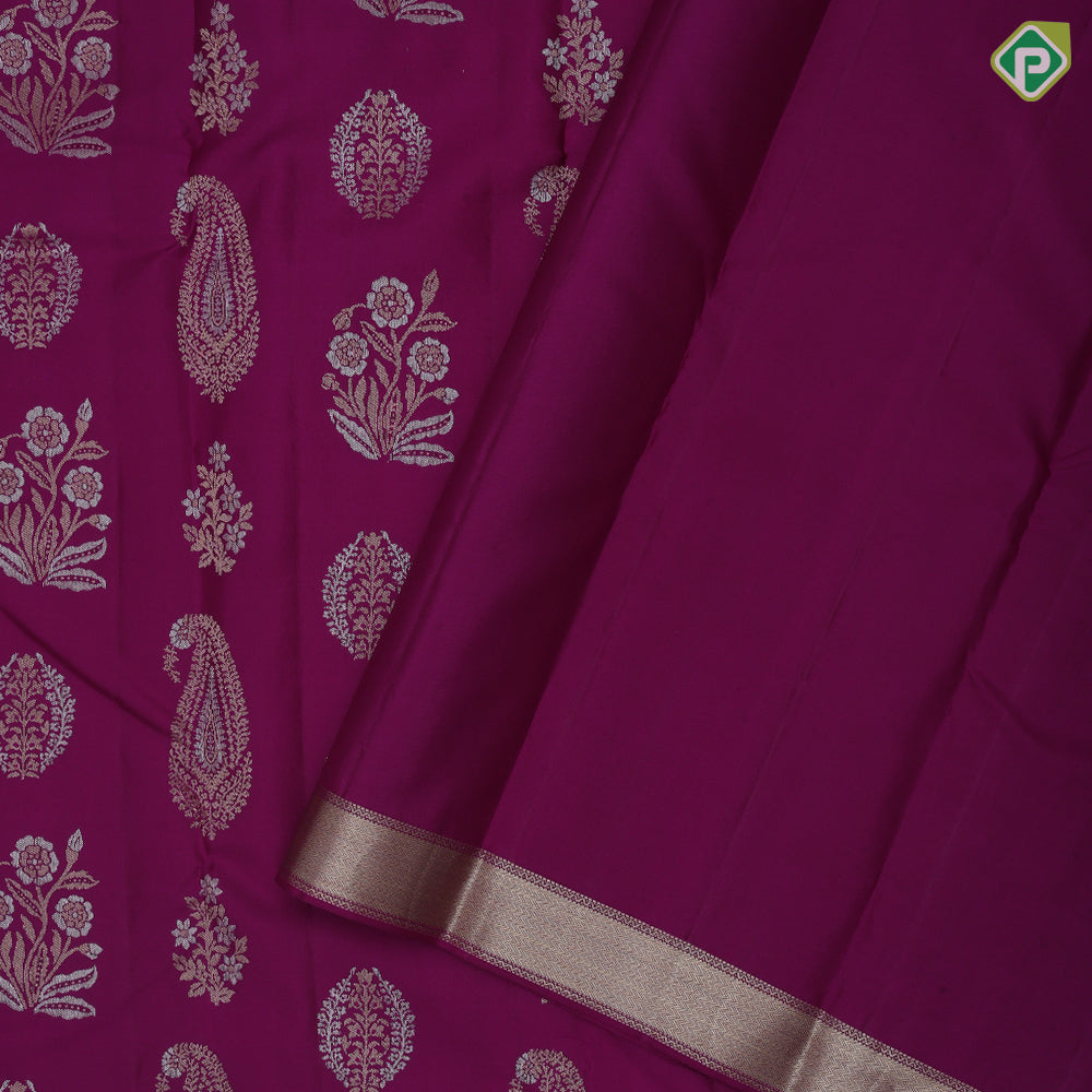 Magenta Gold Silver Zari Flower Manga Design Self Colour Floral Border Design Trendy Silk Saree