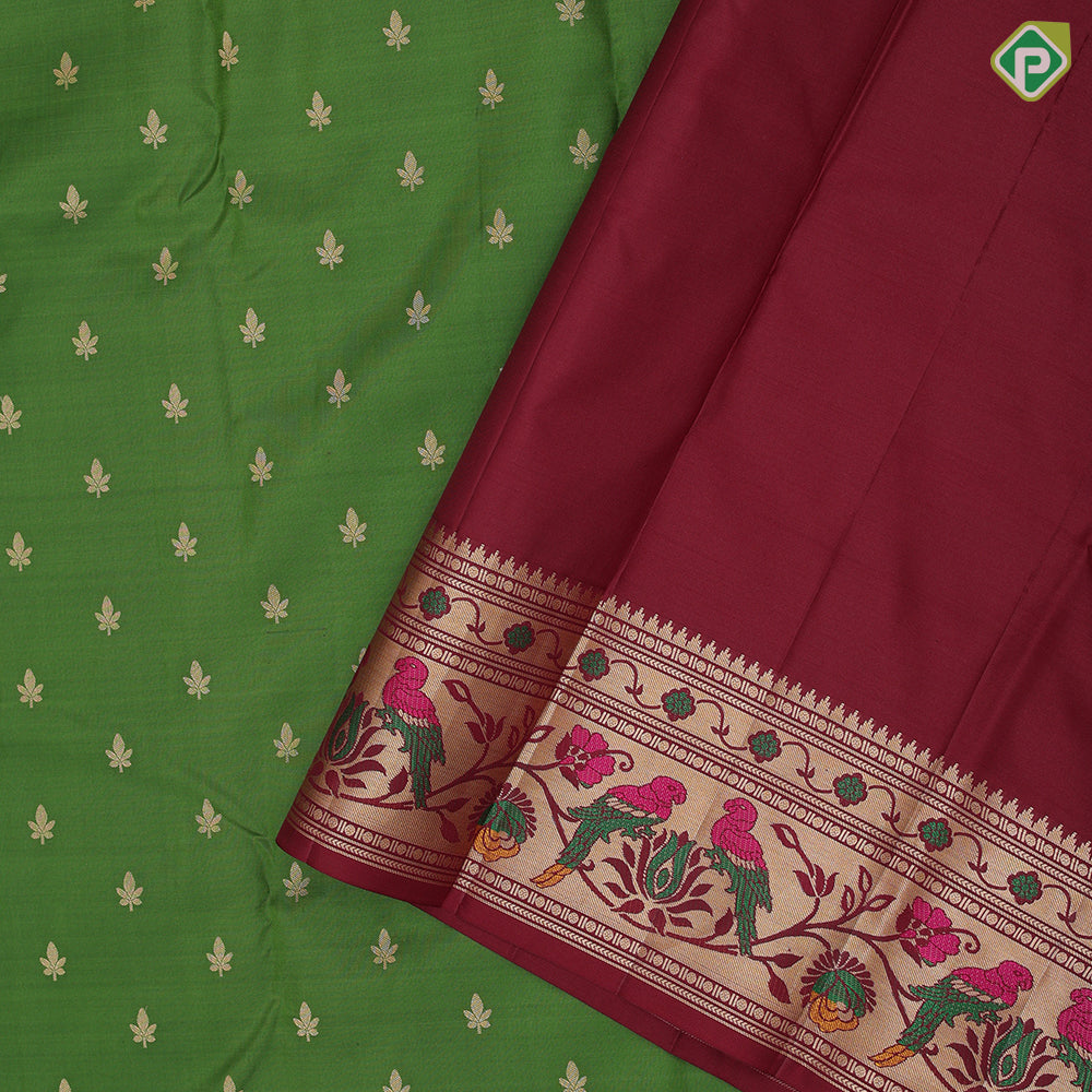 Forest green gold zari small leaf butta design marron red gold zari multi color pythoni style border gift silk saree