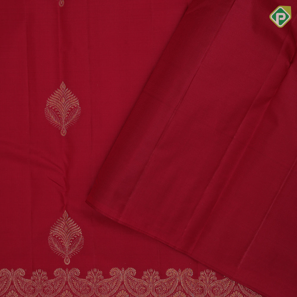 Maroon red gold zari fancy leaf design self gold mango butta turning border gift silk saree