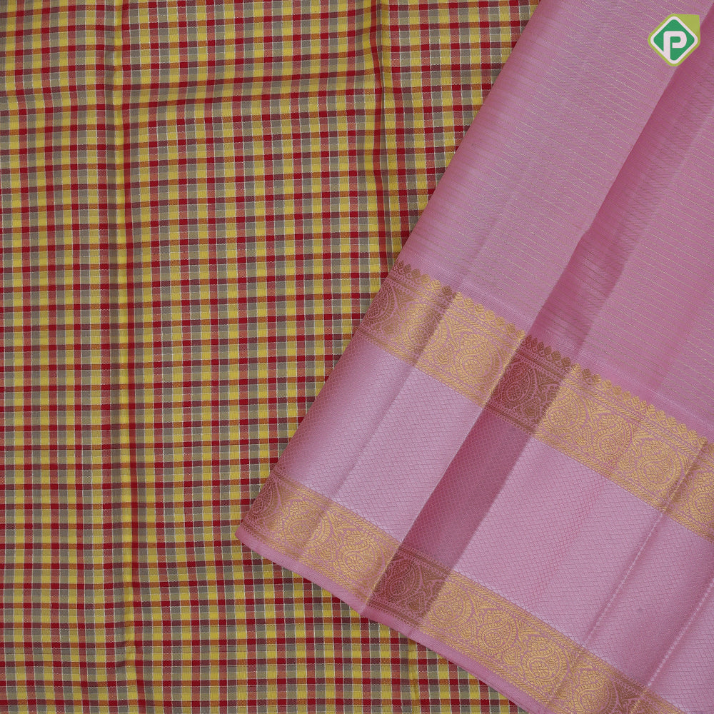 Tri color with gold zari micro checks design pale pink gold zari mango butta retta pattai border traditional silk saree