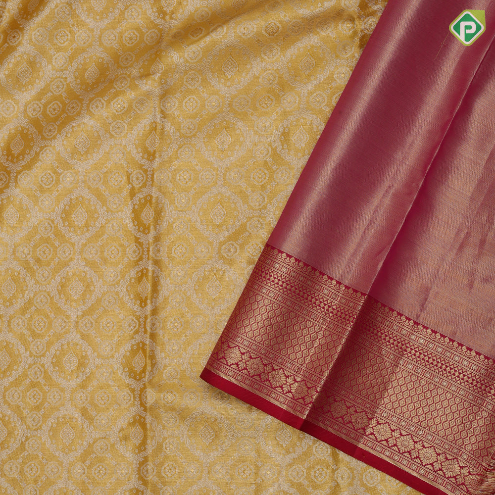 Mustard Yellow Gold Zari Flower Floral Design Chilly Red Colour Mayilkan Flower Border Design Wedding Silk Saree