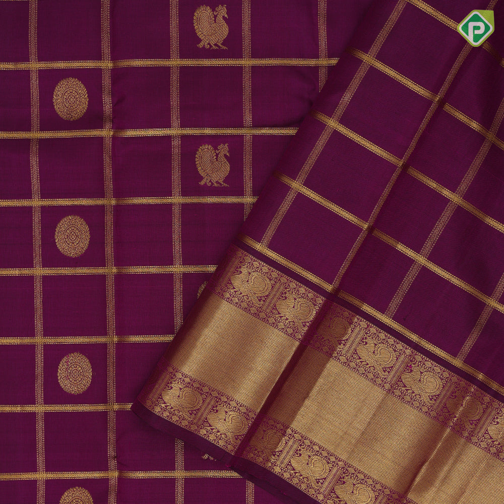 Magenta purple gold zari checks window panel butta design self gold zari peacock butta lines mid gap border traditional silk saree