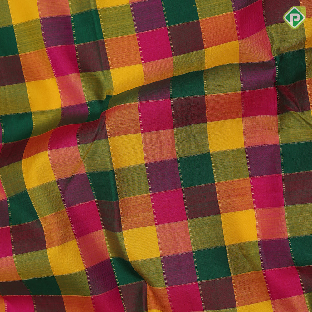 Multi colour gold zari checks design self gold zari bavanji border paalum pazhamun kattam silk saree