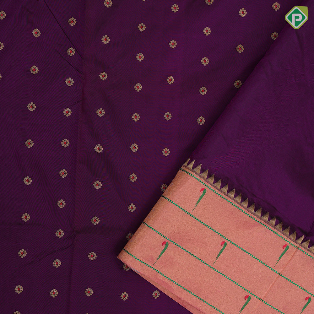 Purple gold zari flowers butta design onion pink gold zari paithani work border and pallu design banaras style silk saree