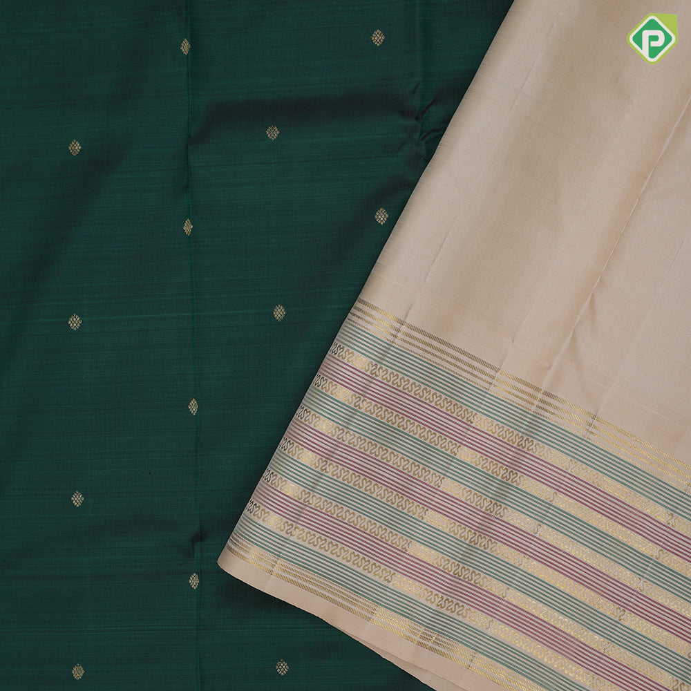 bottle green gold zari coin butta design peach gold zari and thread designed lines border traditional silk saree