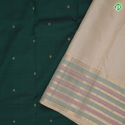 bottle green gold zari coin butta design peach gold zari and thread designed lines border traditional silk saree