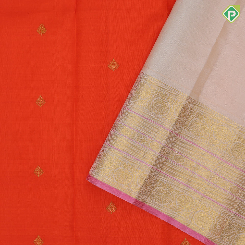 Fanta orange gold zari fancy leaf butta design cream white with gold zari pink butta and thread lines border vintage silk saree