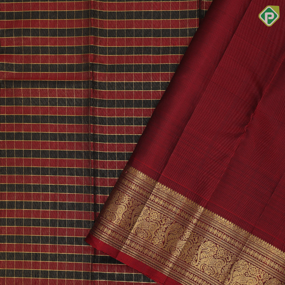 Black and maroon red gold zari kattam checks design maroon gold zari gaja yaali butta lines border traditional silk saree