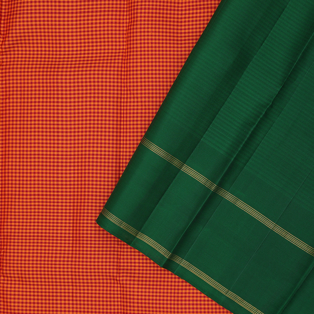 orange and red combo micro checks design forest green gold zari retta pett border gift silk saree
