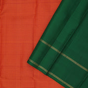 orange and red combo micro checks design forest green gold zari retta pett border gift silk saree