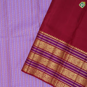 Dark lavender silver and copper zari self designed stripes maroon red gold zari thread work border traditional silk saree