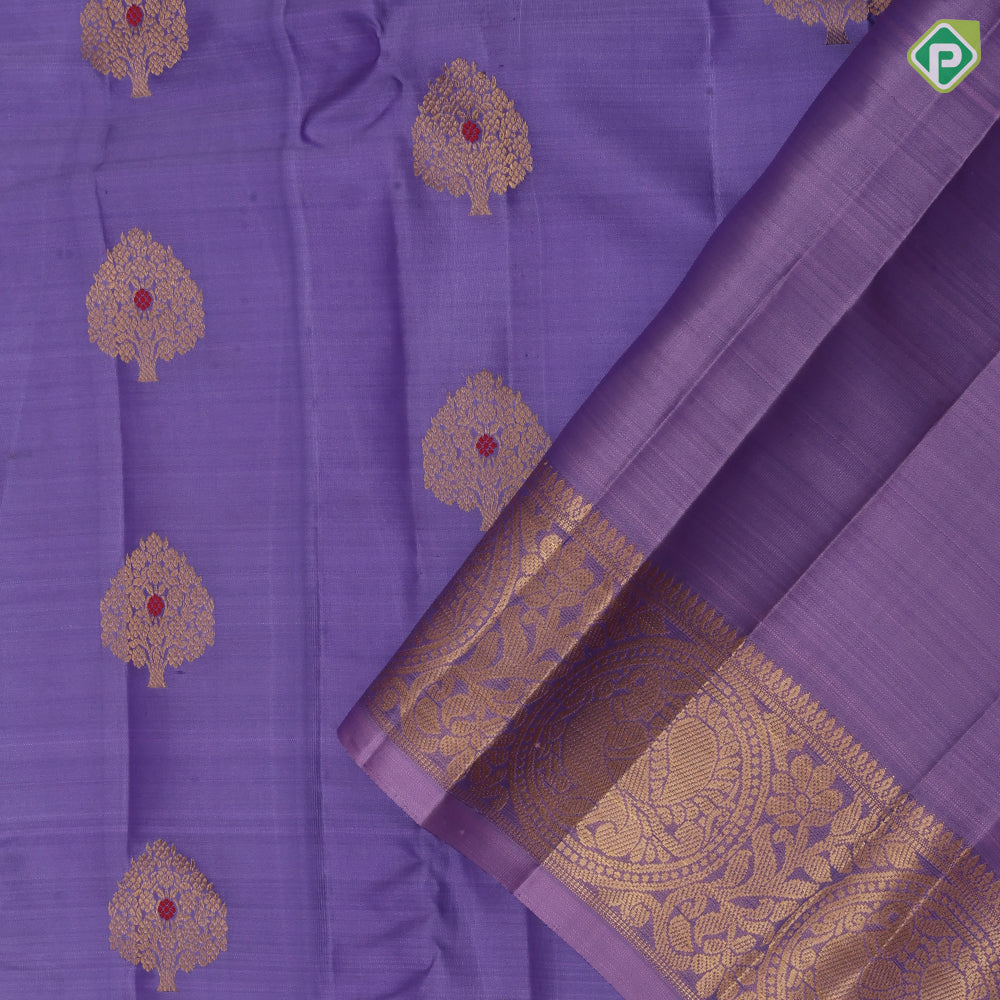 Violet Gold Zari Tree Butta Design Baby Pink Floral Peacock Border Design Pure Mix Silk Saree