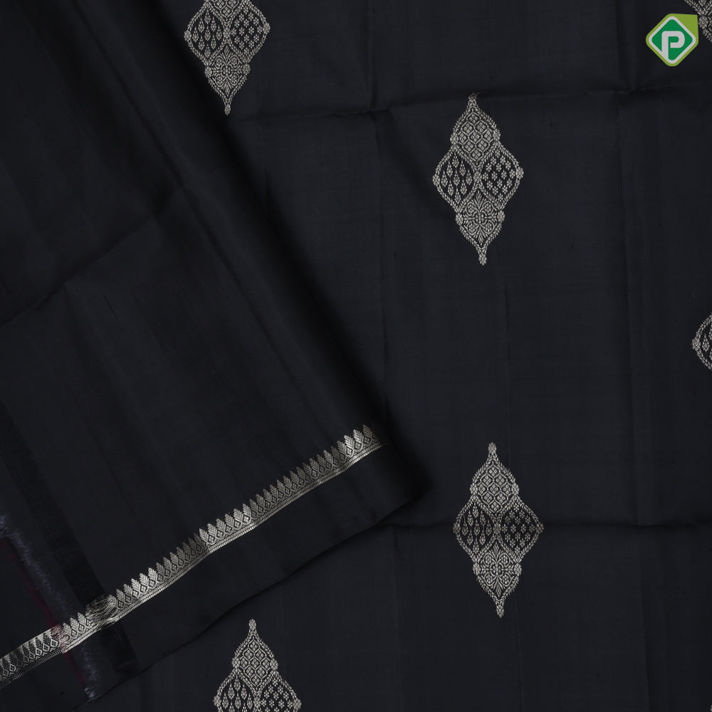 Black silver gold zari classis art symbol butta self silver gold zari rangoli divided plain border soft silk saree
