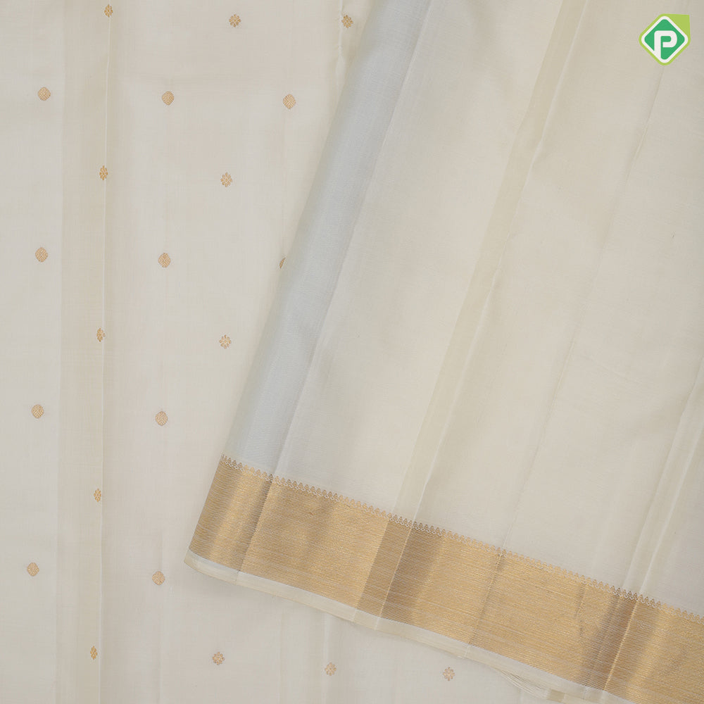 Milk white gold zari flower and coin butta design self gold zari bavanji border traditional silk saree