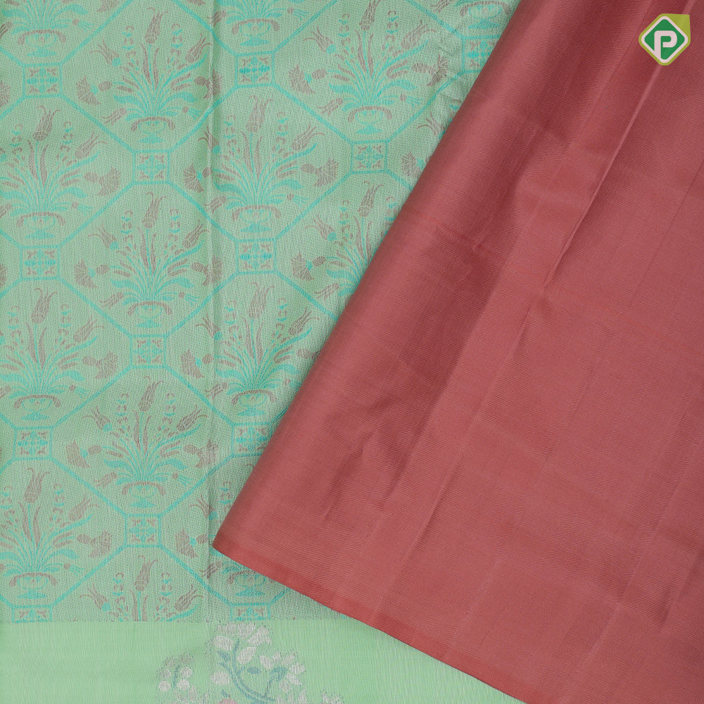 Pista green multi color thread fancy flower pot design self multi color zari peacock fancy butta border trendy designer silk saree