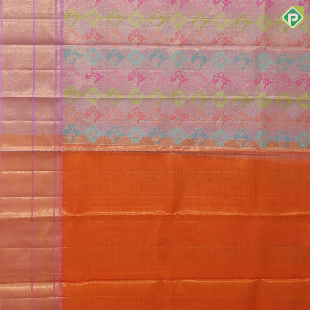 Pewter pink base multi color silver gold zari animals butta light pink gold zari diamond border pattu paavadai