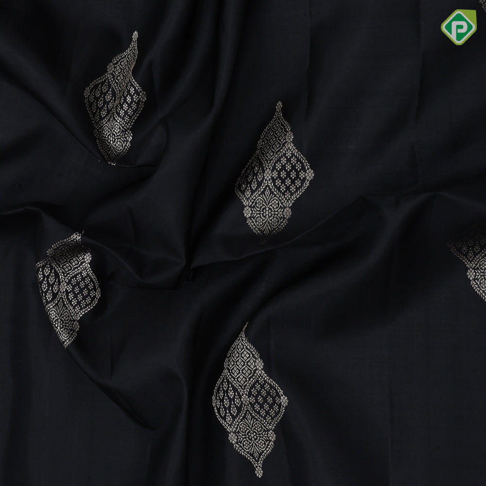 Black silver gold zari classis art symbol butta self silver gold zari rangoli divided plain border soft silk saree