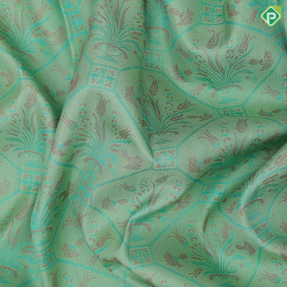 Pista green multi color thread fancy flower pot design self multi color zari peacock fancy butta border trendy designer silk saree