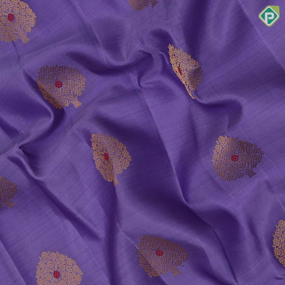 Violet Gold Zari Tree Butta Design Baby Pink Floral Peacock Border Design Pure Mix Silk Saree