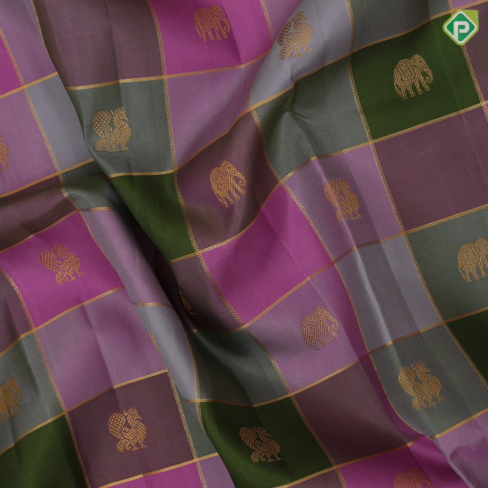 Pastel multi color gold zari checks annam elephant butta motifs fanta orange gold zari rettapett border traditional silk saree