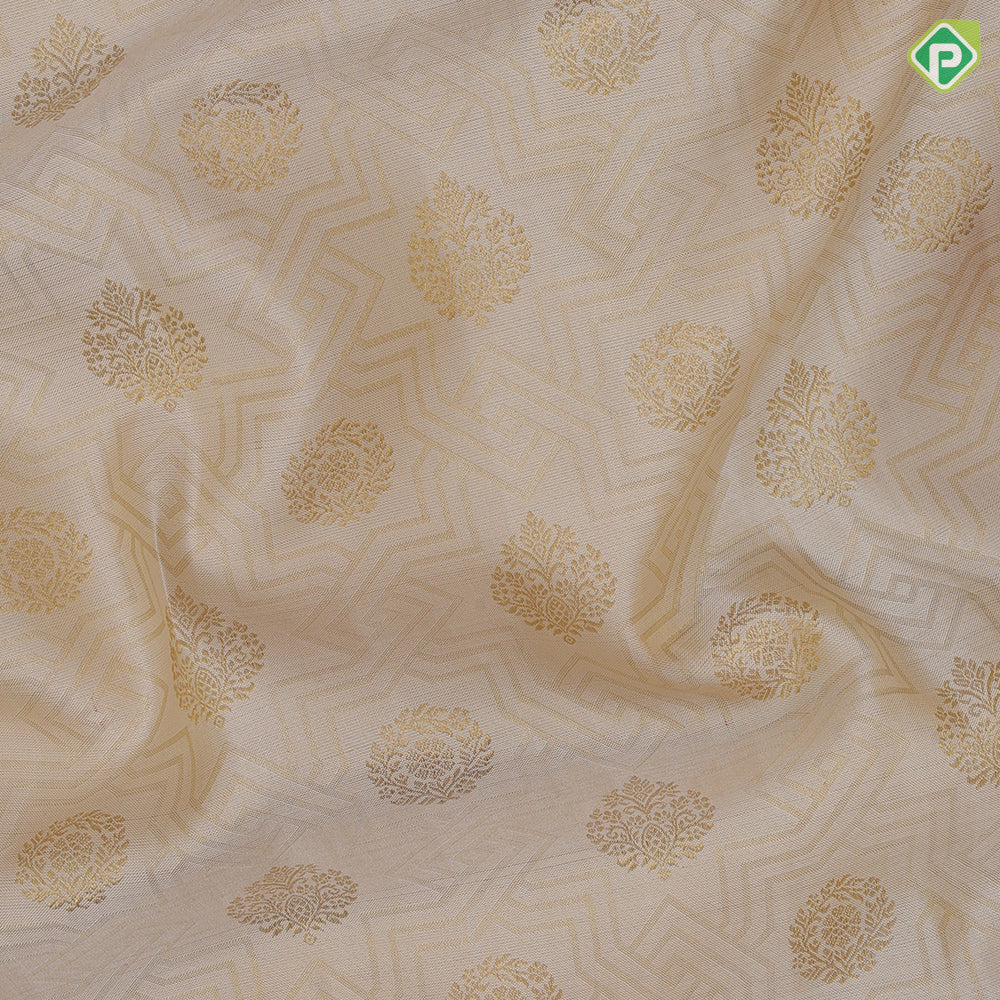 Milk white gold zari rangoli and butta design rani red gold zari mid pythonic meena work border exclusive bridal silk saree