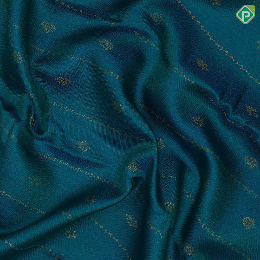 Peacock Blue Gold Zari Small Flower Motif Design Navy Blue Floral Border Edge Design Trendy Fancy Silk Saree