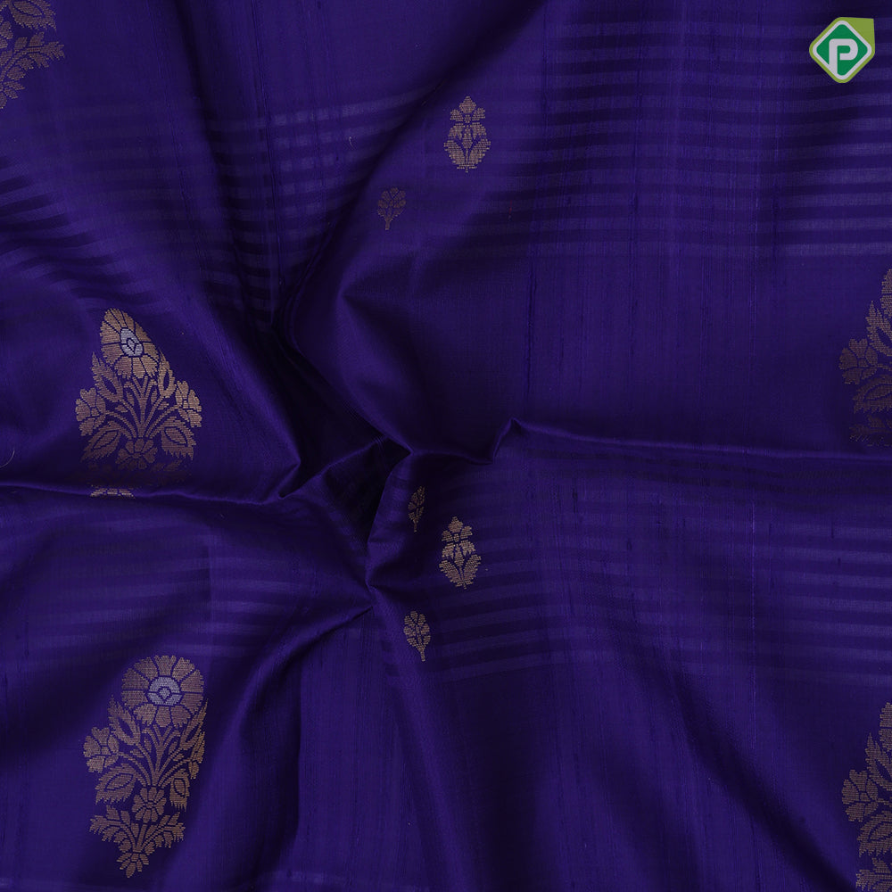 Purple blue gold zari flower bunch design contrast pallu and gold zari border soft silk saree