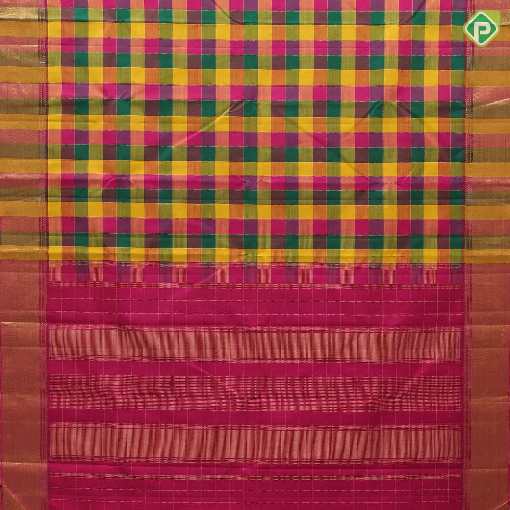 Multi colour gold zari checks design self gold zari bavanji border paalum pazhamun kattam silk saree