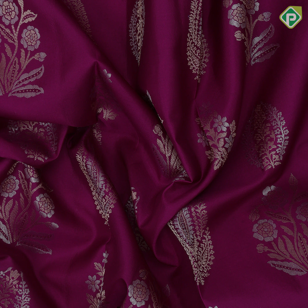 Magenta Gold Silver Zari Flower Manga Design Self Colour Floral Border Design Trendy Silk Saree