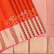 Fanta Orange silver gold zari star butta floral creeper padded pink silver gold zari zig zag border bridal silk saree