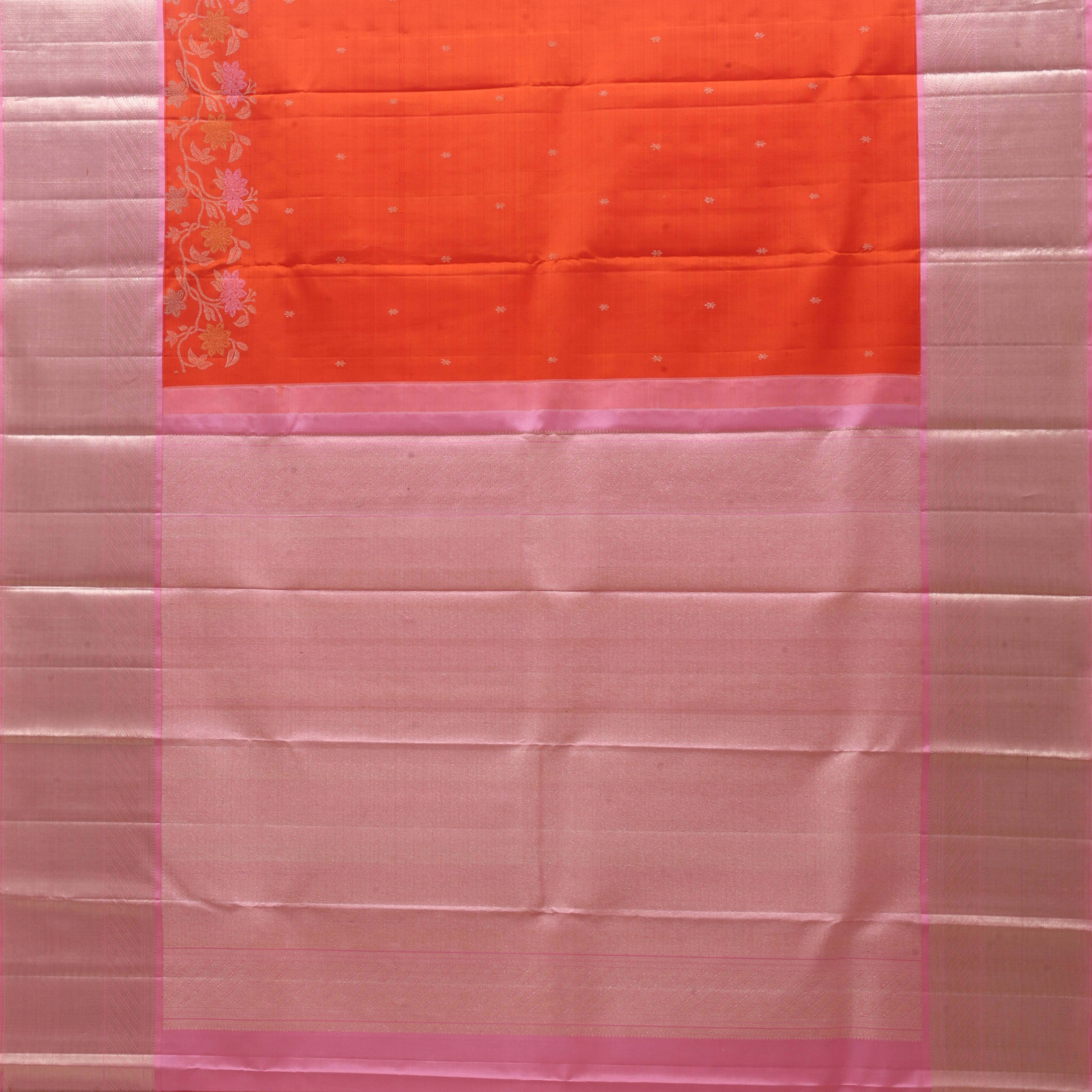 Fanta Orange silver gold zari star butta floral creeper padded pink silver gold zari zig zag border bridal silk saree