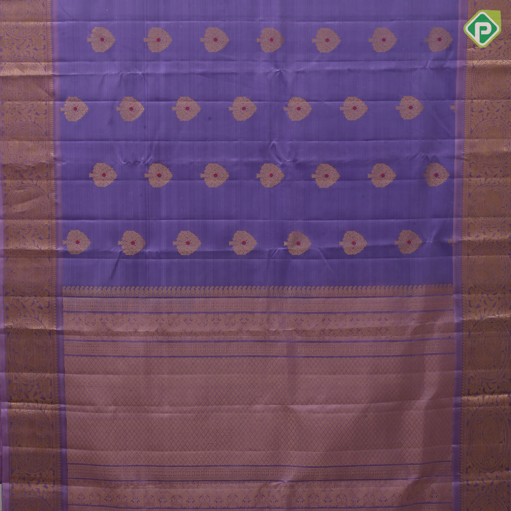 Violet Gold Zari Tree Butta Design Baby Pink Floral Peacock Border Design Pure Mix Silk Saree