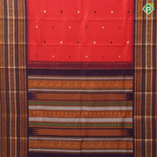 Tomato red multi color thread work butta design violet base multi color thread butta lines border traditional silk saree
