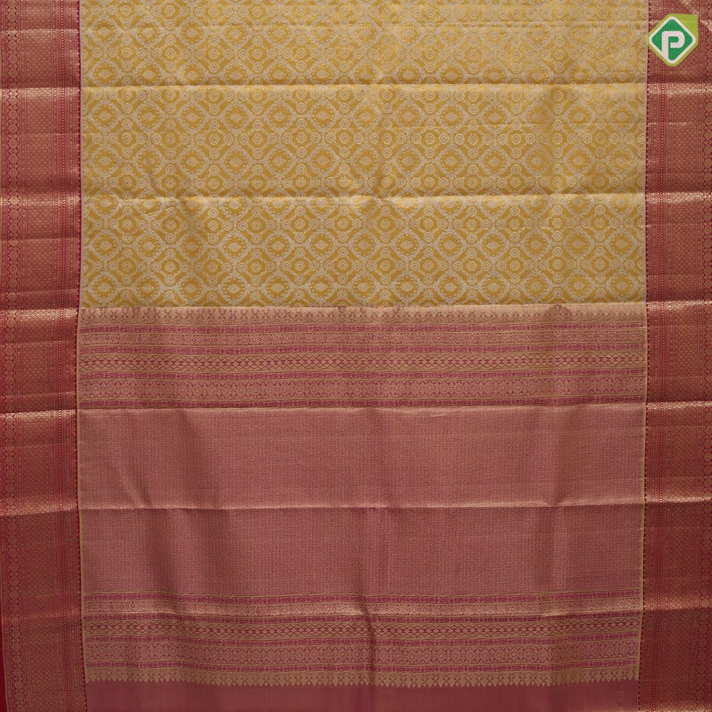 Mustard Yellow Gold Zari Flower Floral Design Chilly Red Colour Mayilkan Flower Border Design Wedding Silk Saree