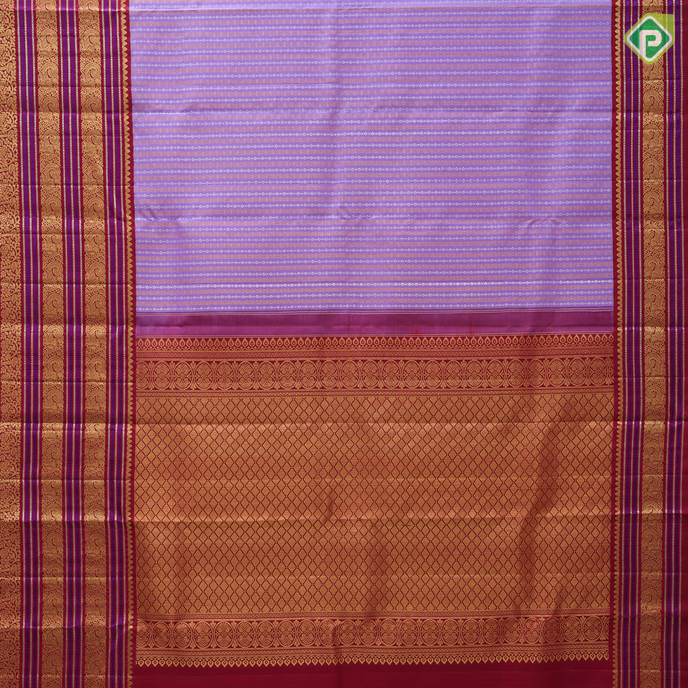 Dark lavender silver and copper zari self designed stripes maroon red gold zari thread work border traditional silk saree